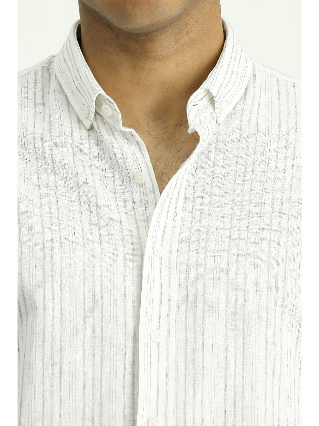 Gri Uzun Kol Slim Fit Dar Kesim Çizgili Spor Keten Karışımlı Pamuklu Düğmeli Yaka Gömlek-6