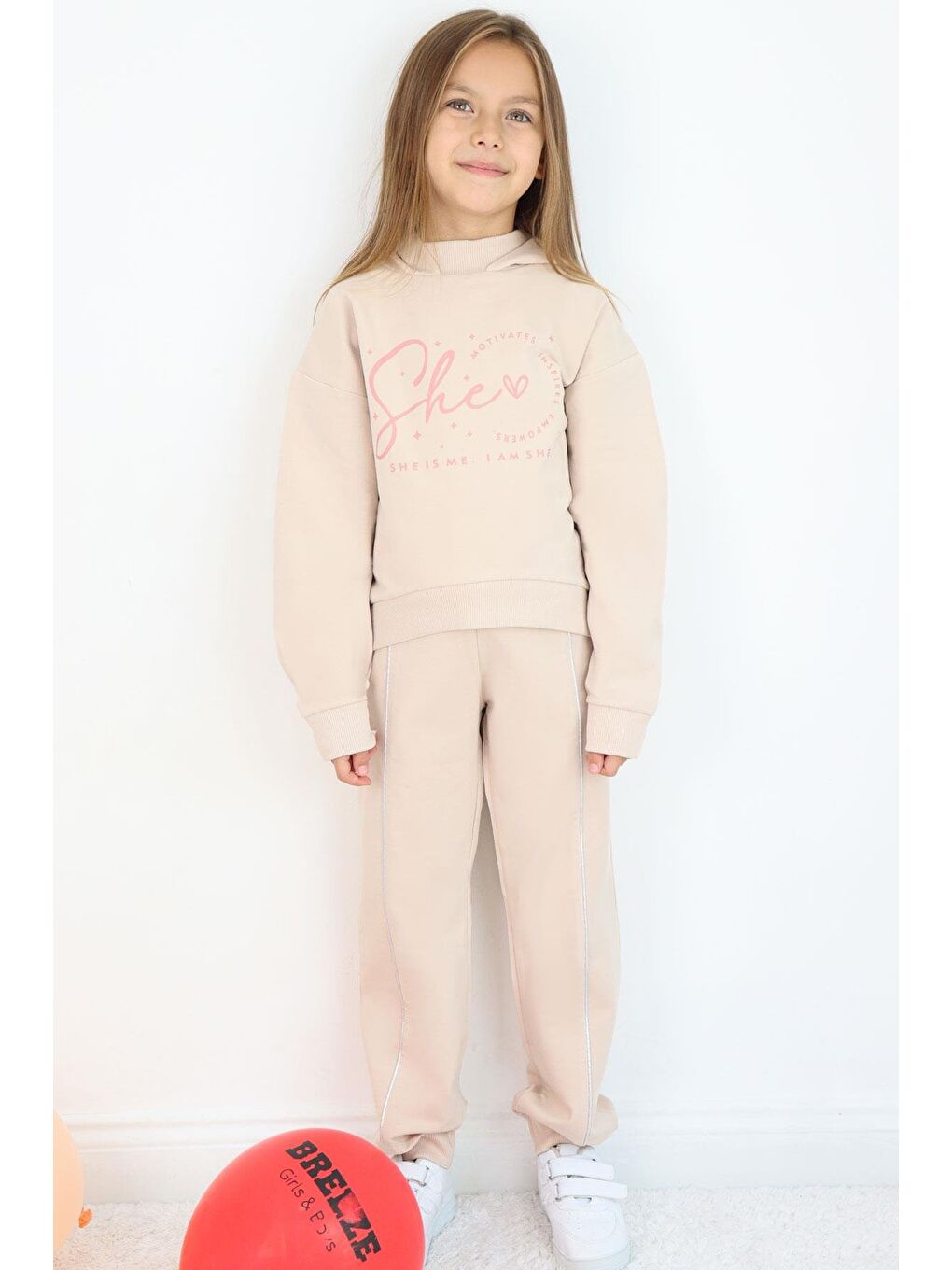 Kız Çoçuk Eşofman Takım Balıkçı Yaka Kapüşonlu Bej (9-12 Yaş)-1