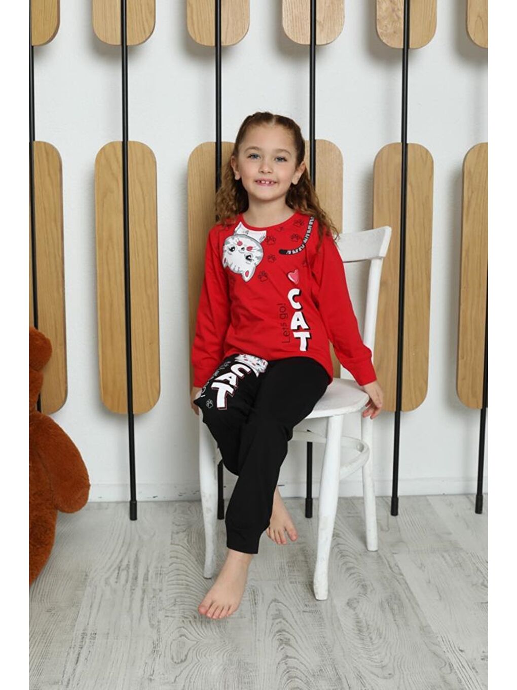 Kapi Kids Kırmızı Kız Çocuk Kedi Baskılı Pijama Takımı Mnx 6053-54 - 1