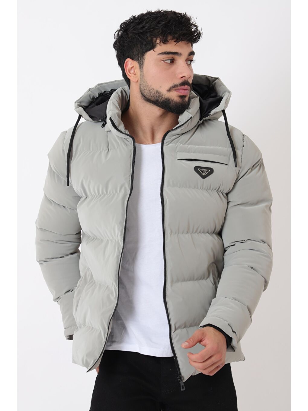 Gri Cep Fermuarlı Armalı Nova Kışlık Şişme Mont PLDP 2959-NM_50451