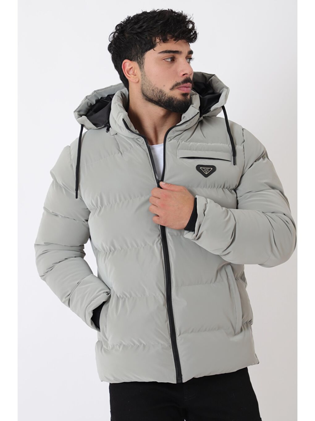 Gri Cep Fermuarlı Armalı Nova Kışlık Şişme Mont PLDP 2959-NM_50451-1