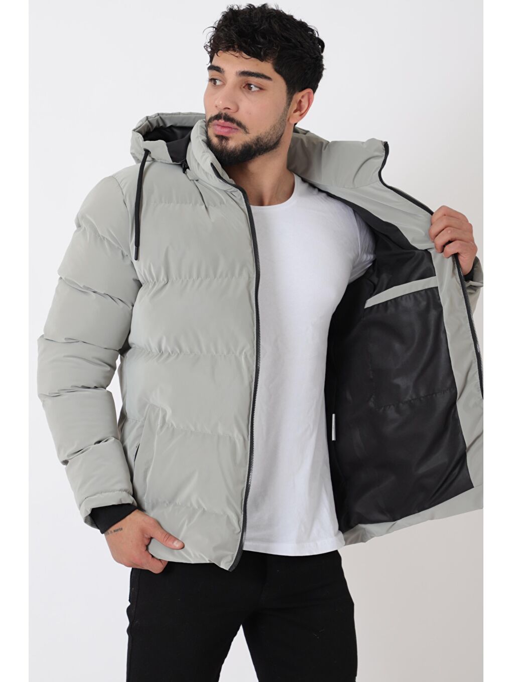 Gri Cep Fermuarlı Armalı Nova Kışlık Şişme Mont PLDP 2959-NM_50451-2