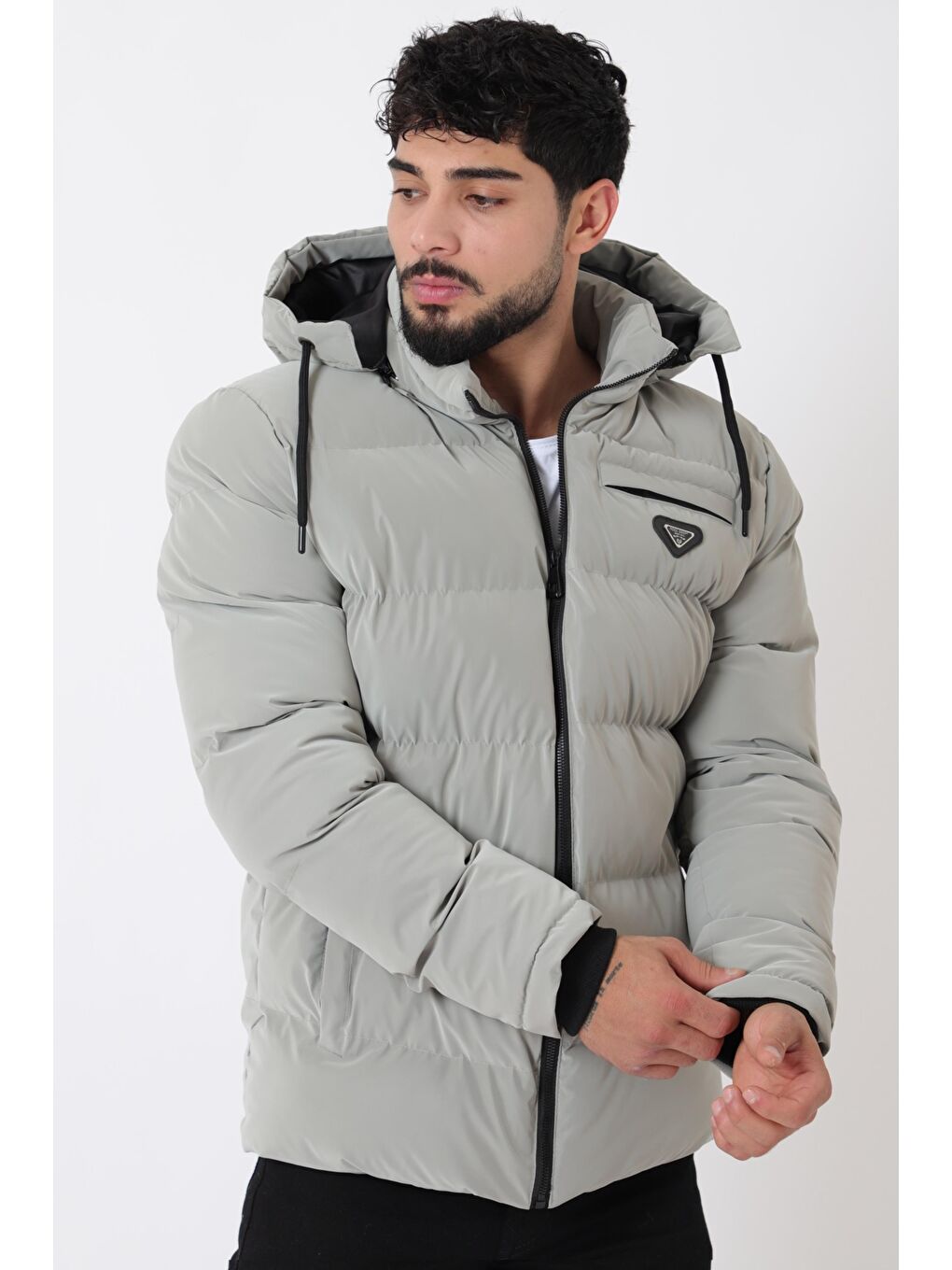 Gri Cep Fermuarlı Armalı Nova Kışlık Şişme Mont PLDP 2959-NM_50451-3