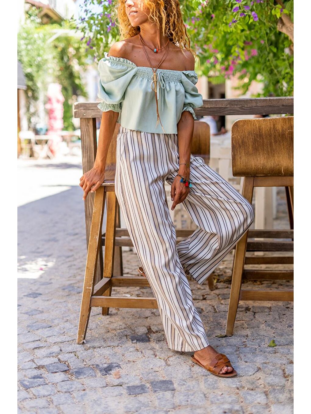 Kadın Bej Beli Lastikli Cepli Çizgili Salaş Keten Pantolon Bst3258