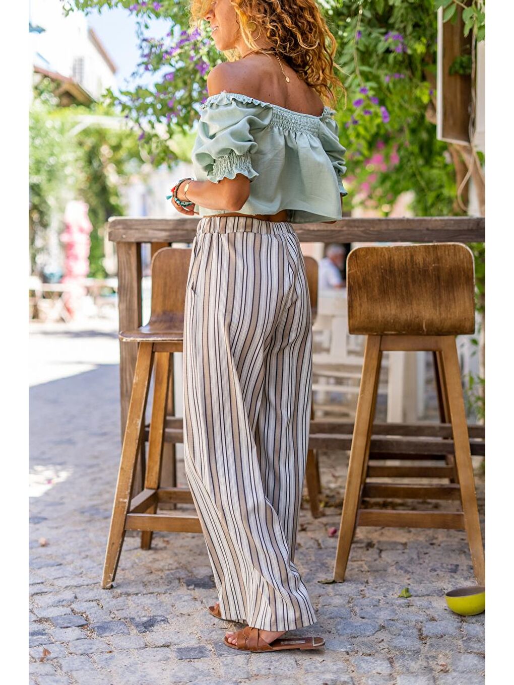 Kadın Bej Beli Lastikli Cepli Çizgili Salaş Keten Pantolon Bst3258-1