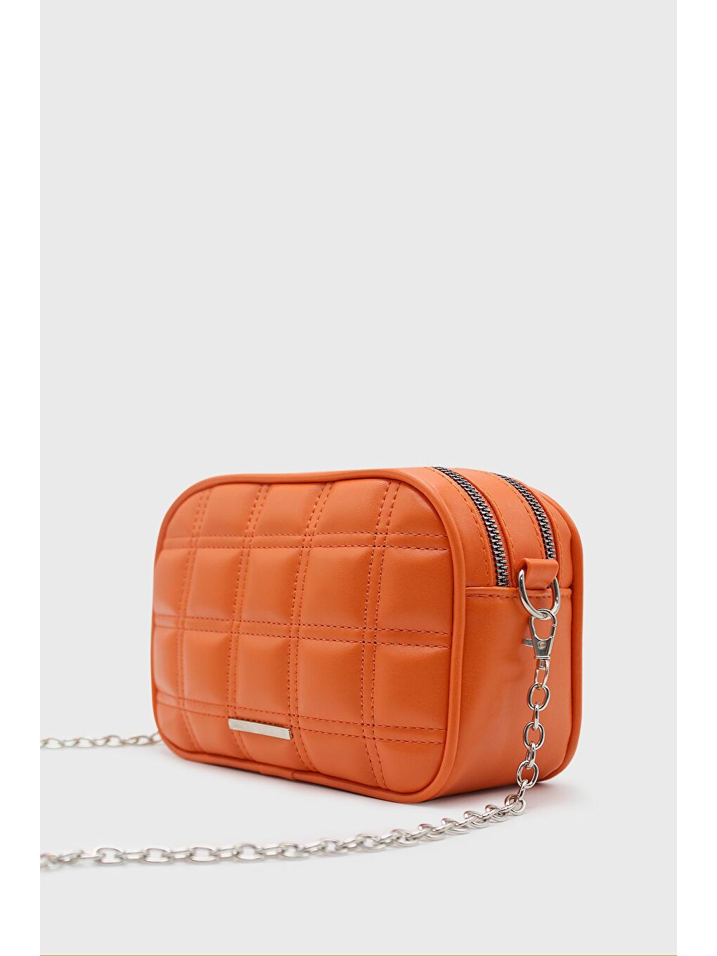 Turuncu Kadın Çift Fermuarlı Zincir Saplı Çanta-1