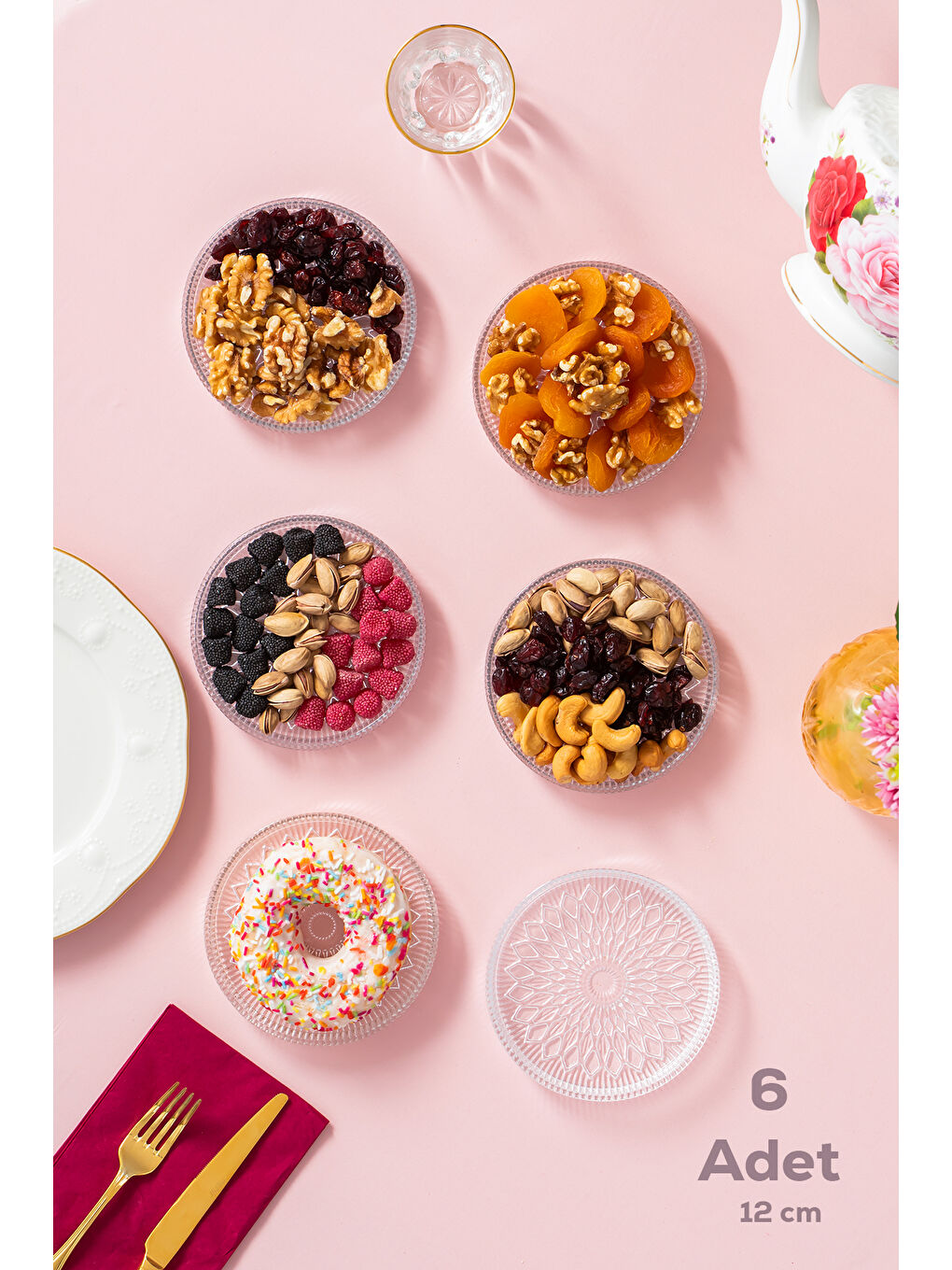 Renksiz Alya Desenli Dik Tabak - 6 Lı Cam Sunumluk Pasta Kurabiye Kek İkram Servis Tabağı-12 Cm-2