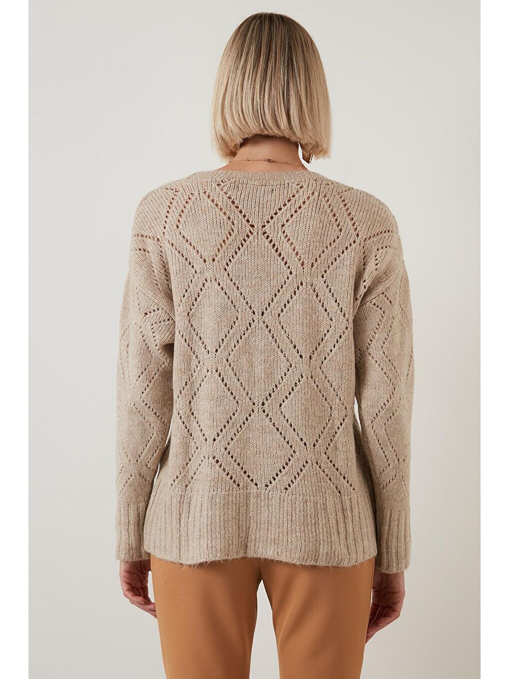 Bej Pamuklu Düğmeli V Yaka Örme Hırka 6321010-4