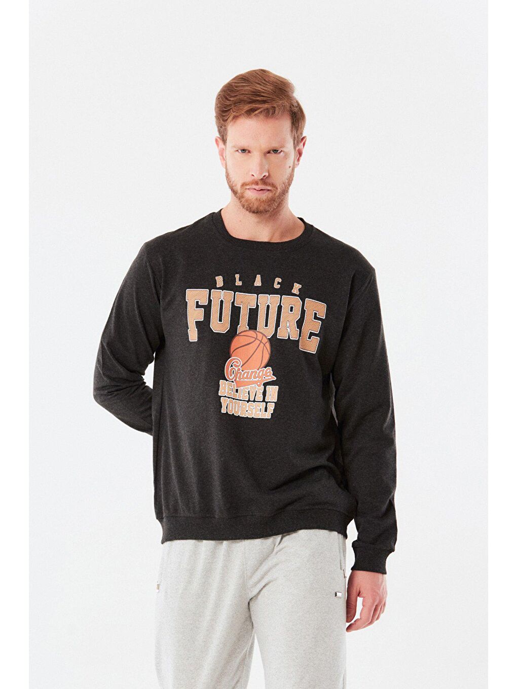 Antrasit Future Baskılı Bisiklet Yaka Sweatshirt