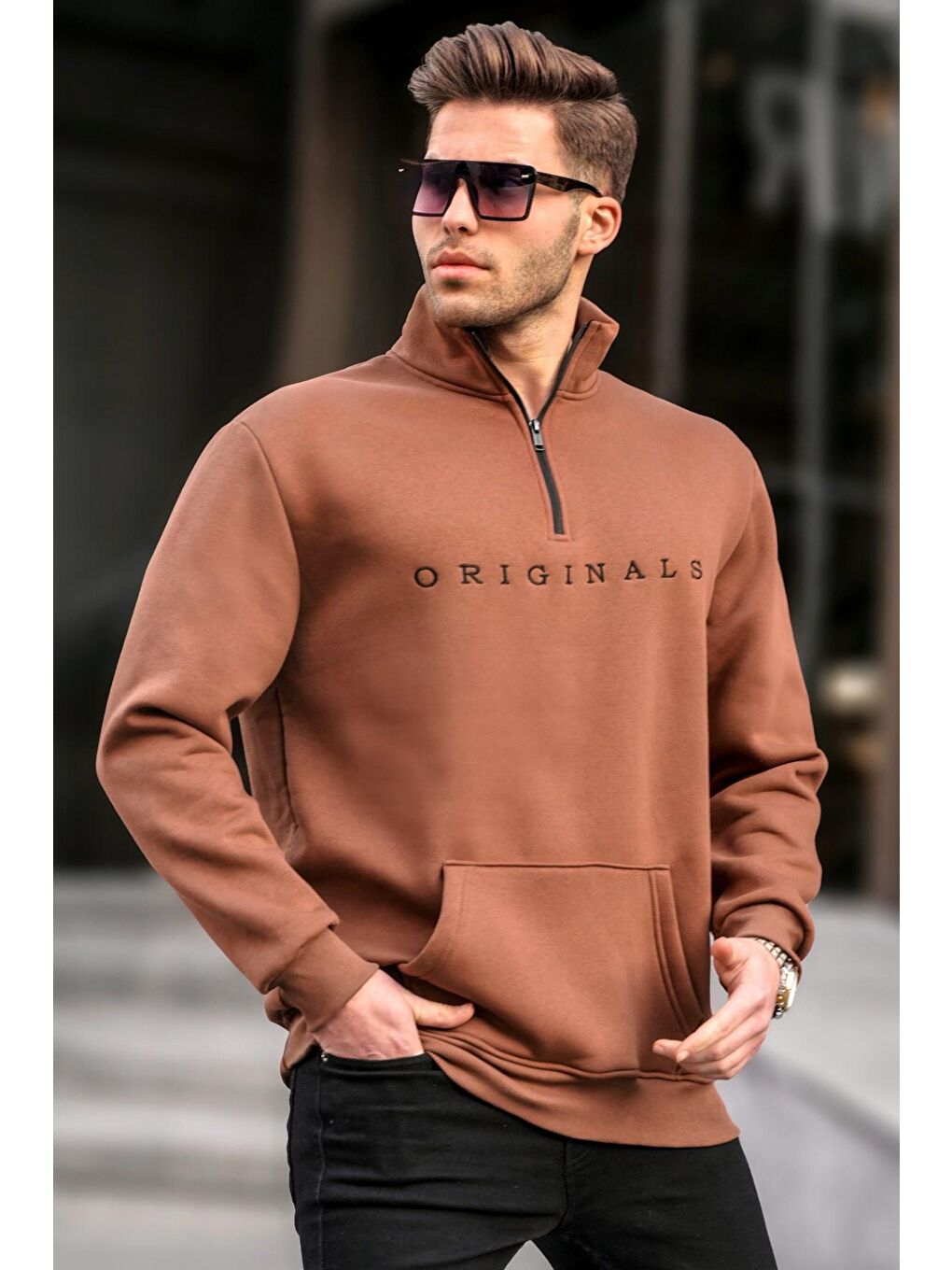 Madmext Kahverengi Fermuar Yaka Nakışlı Sweatshirt 6028