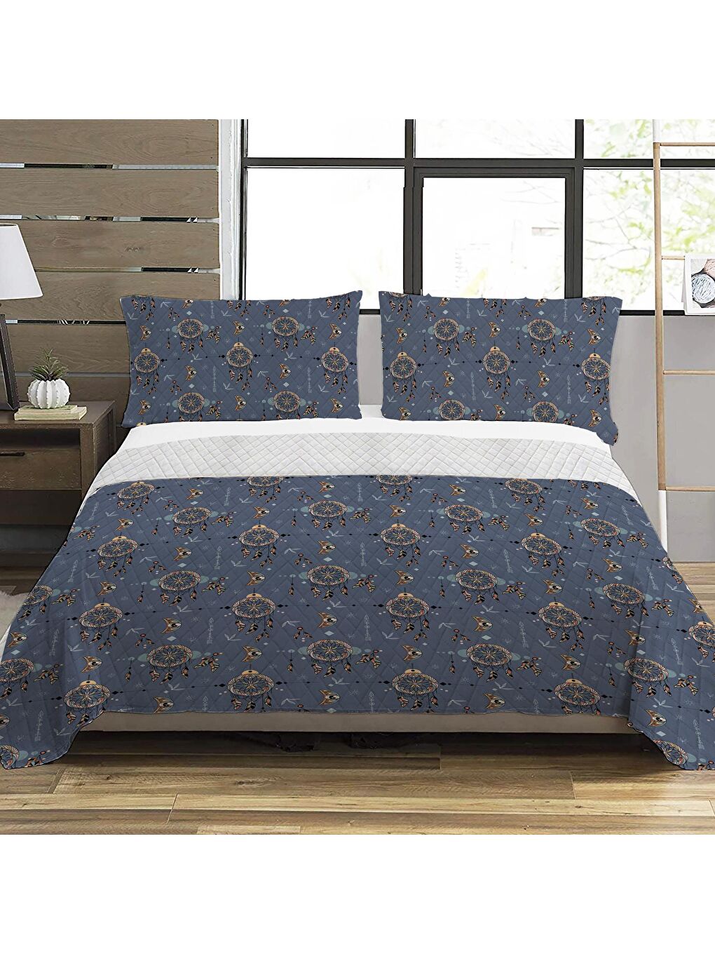 Karışık EVMİLA Mavi Etnik Desen Çift Kişilik Baskılı Pike (200x220 Cm)