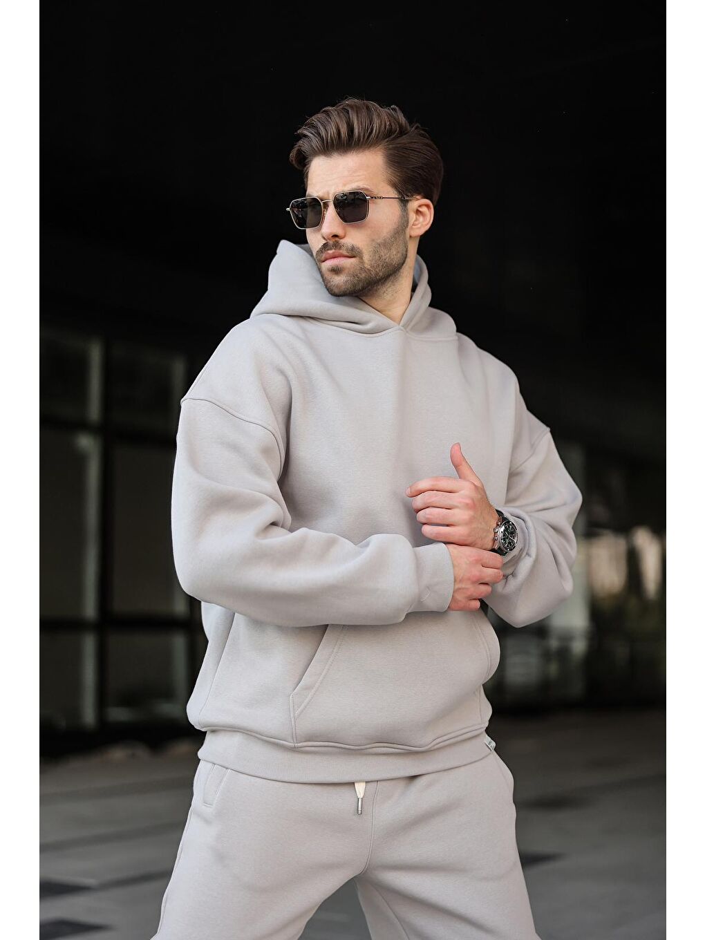 Boyalı Gri Kapüşonlu Basic Eşofman Takımı 5925-1