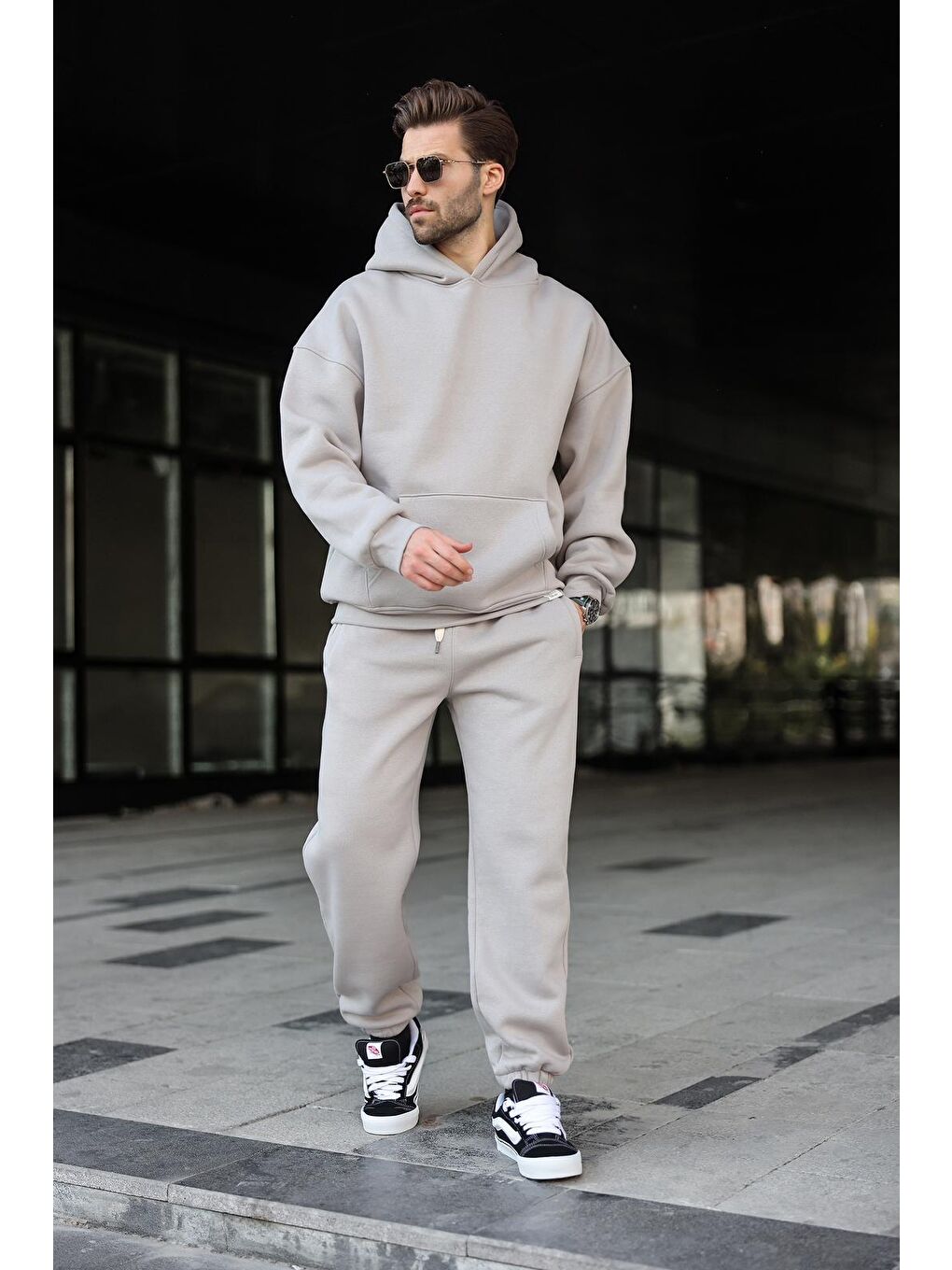 Boyalı Gri Kapüşonlu Basic Eşofman Takımı 5925-2