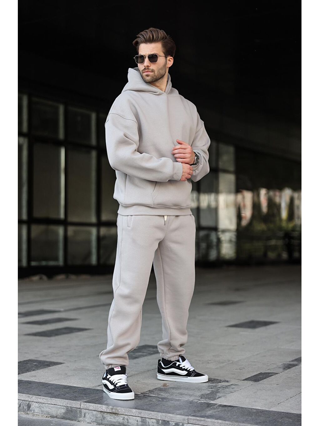 Boyalı Gri Kapüşonlu Basic Eşofman Takımı 5925-3