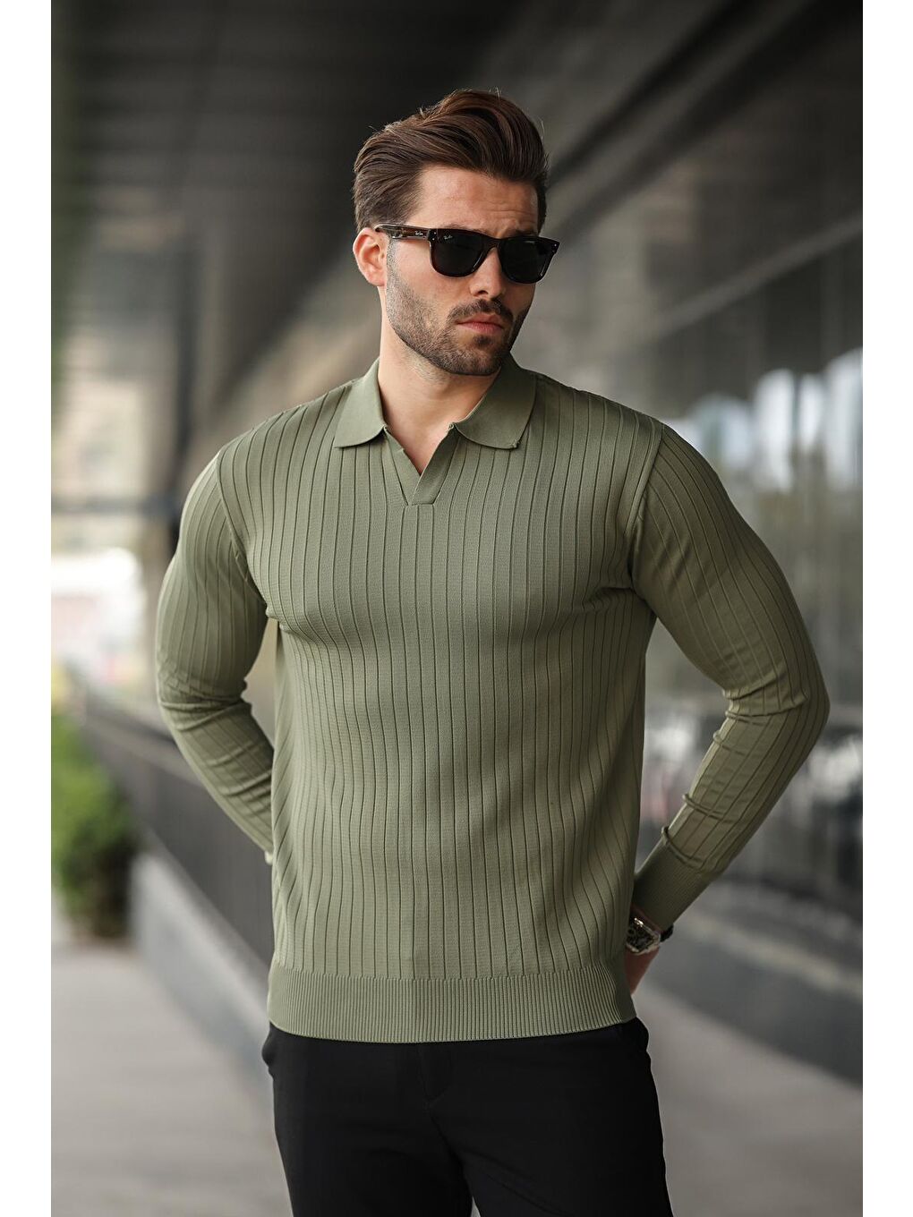 Haki Polo Yaka Çizgili Uzun Kollu Kazak 7239