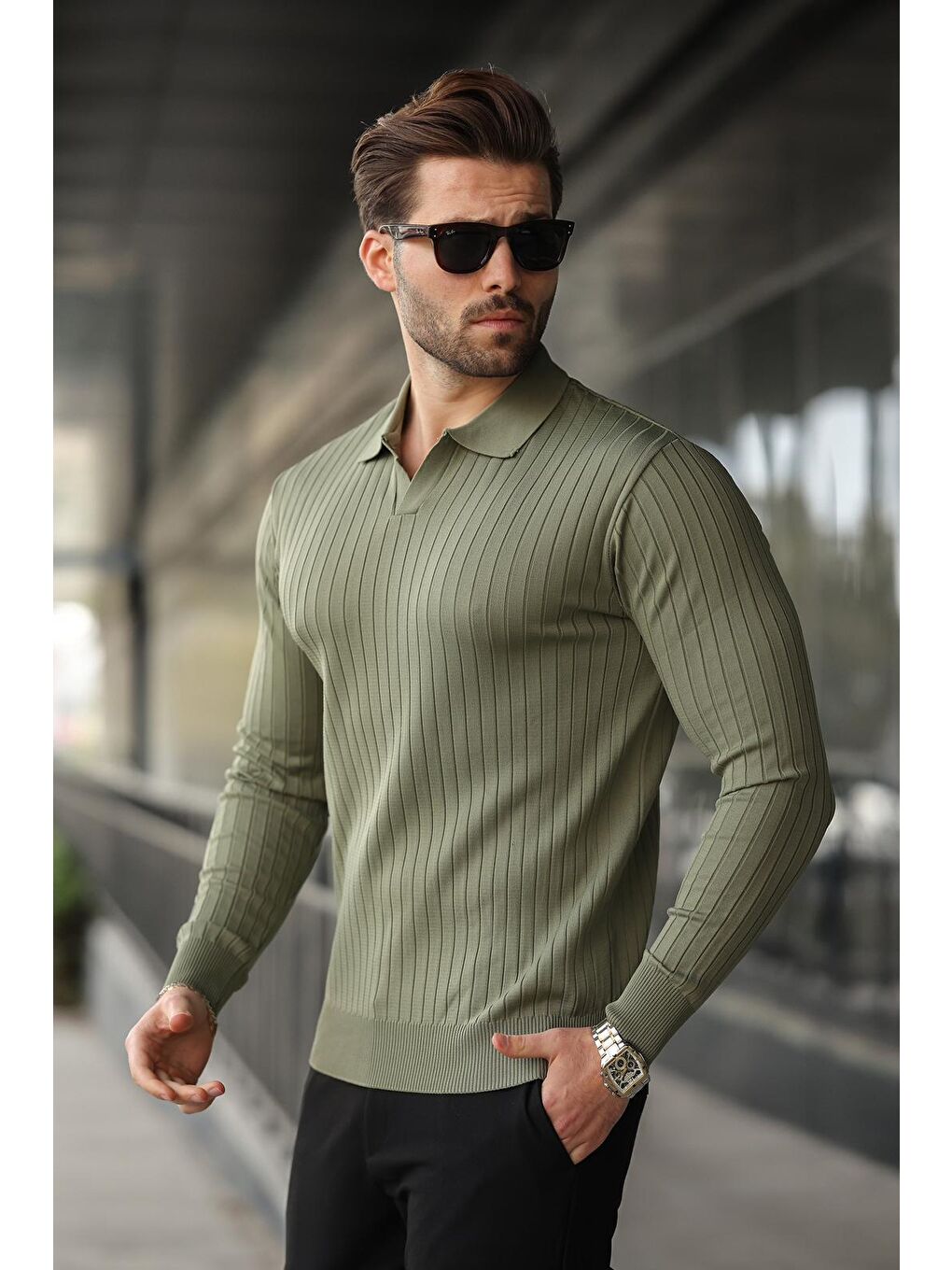 Haki Polo Yaka Çizgili Uzun Kollu Kazak 7239-1