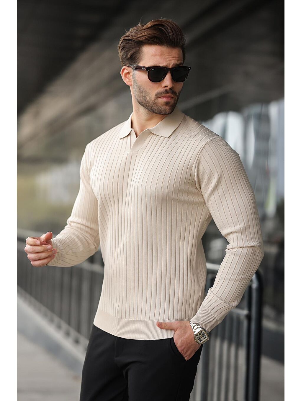 Bej Polo Yaka Çizgili Uzun Kollu Kazak 7239