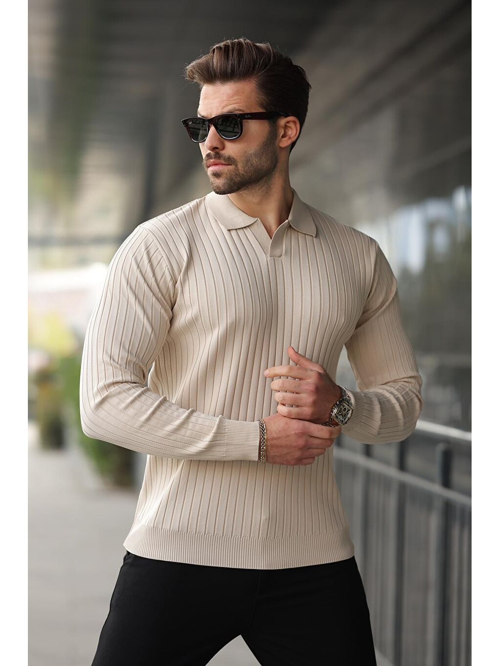 Bej Polo Yaka Çizgili Uzun Kollu Kazak 7239-1