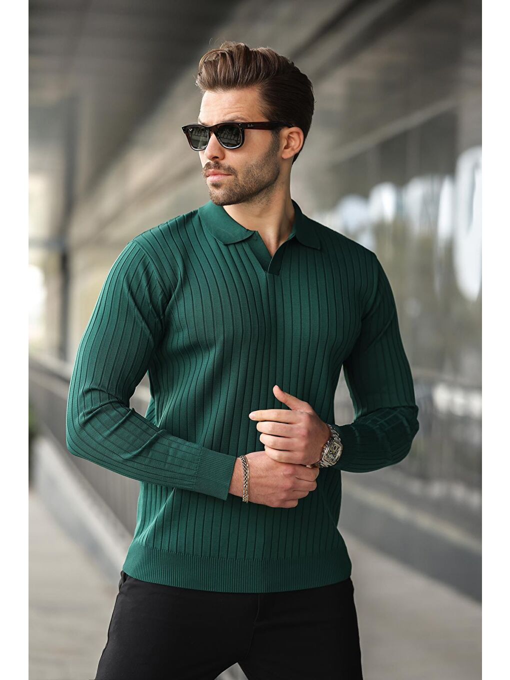 Yeşil Polo Yaka Çizgili Uzun Kollu Kazak 7239-1