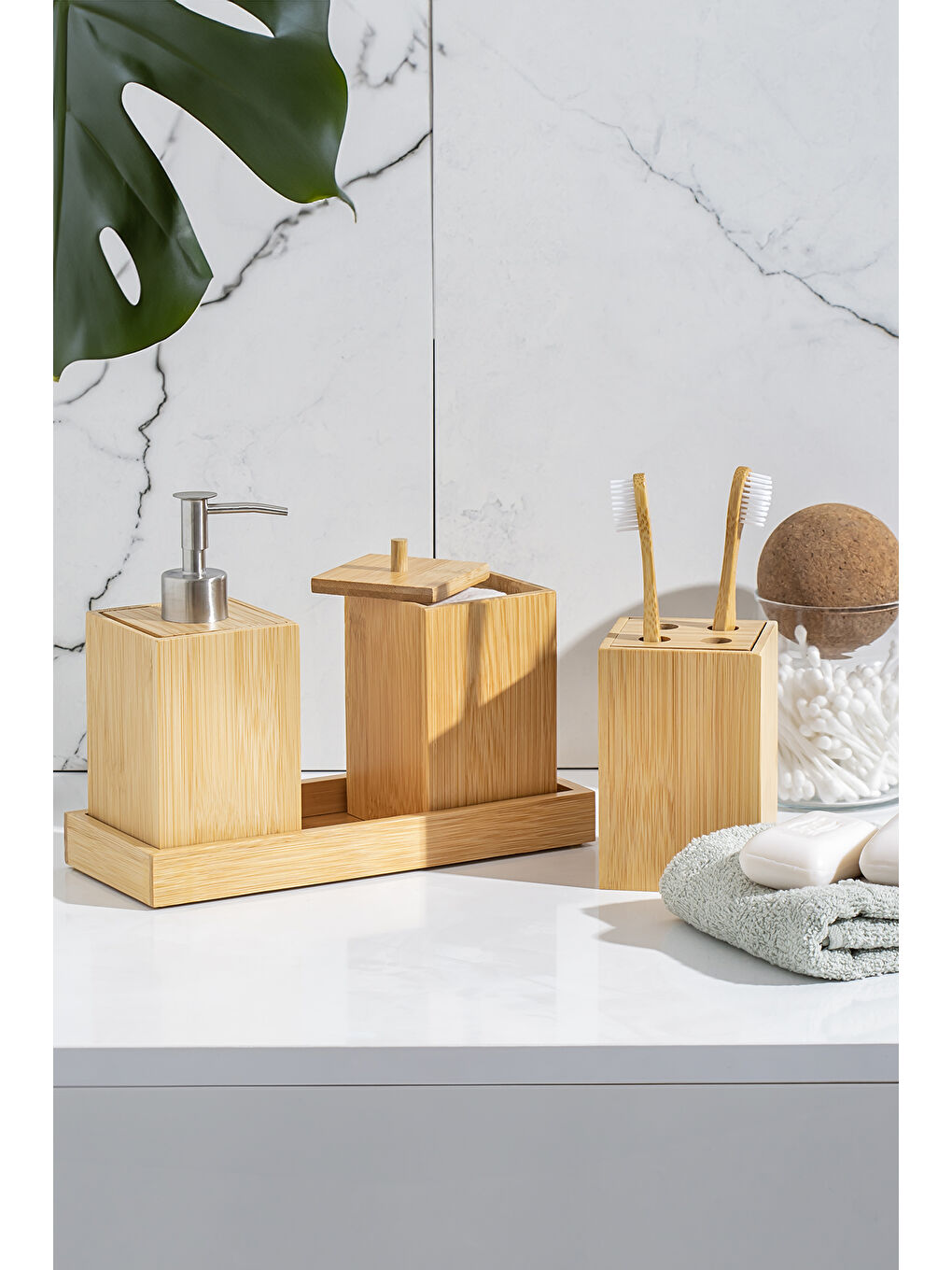 Kahverengi 76144 Standlı 3'lü Bambu Banyo Seti