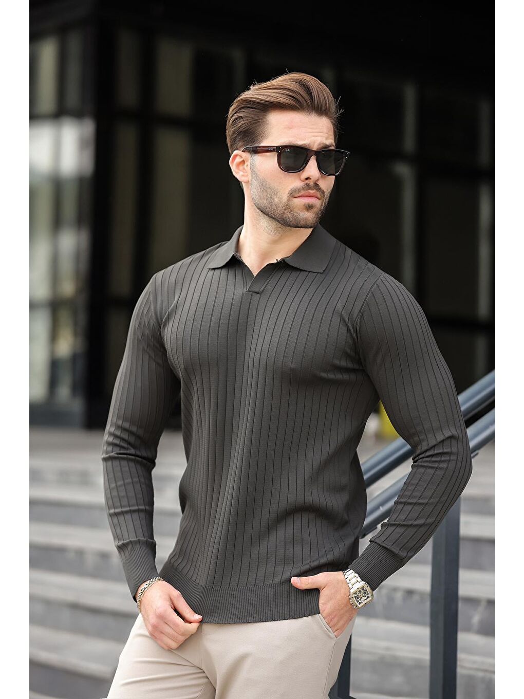 Antrasit Polo Yaka Çizgili Uzun Kollu Kazak 7239-1