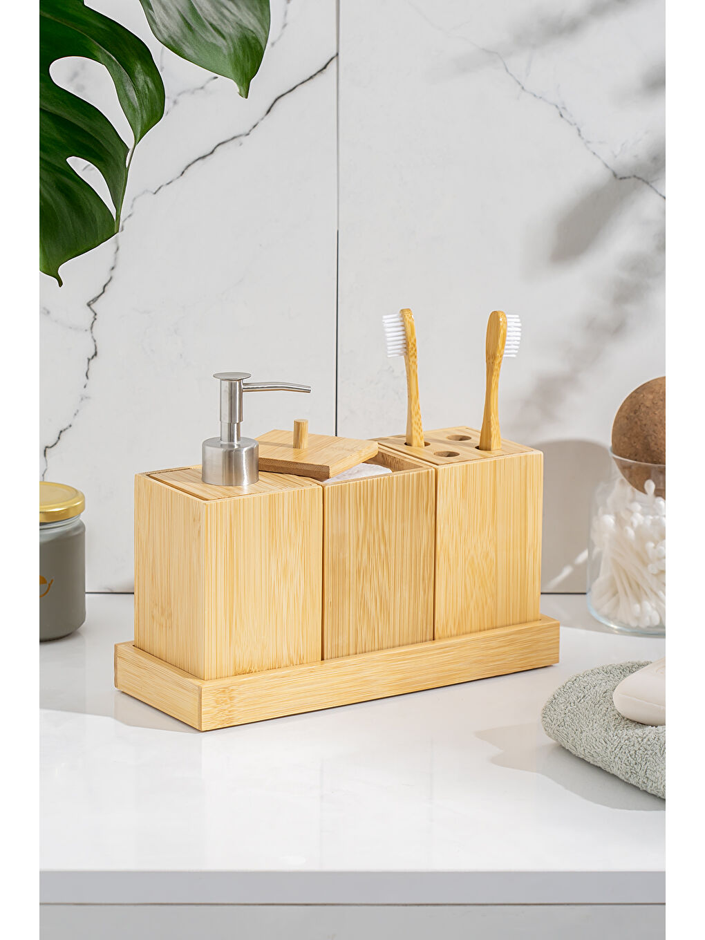 Kahverengi 76144 Standlı 3'lü Bambu Banyo Seti-1