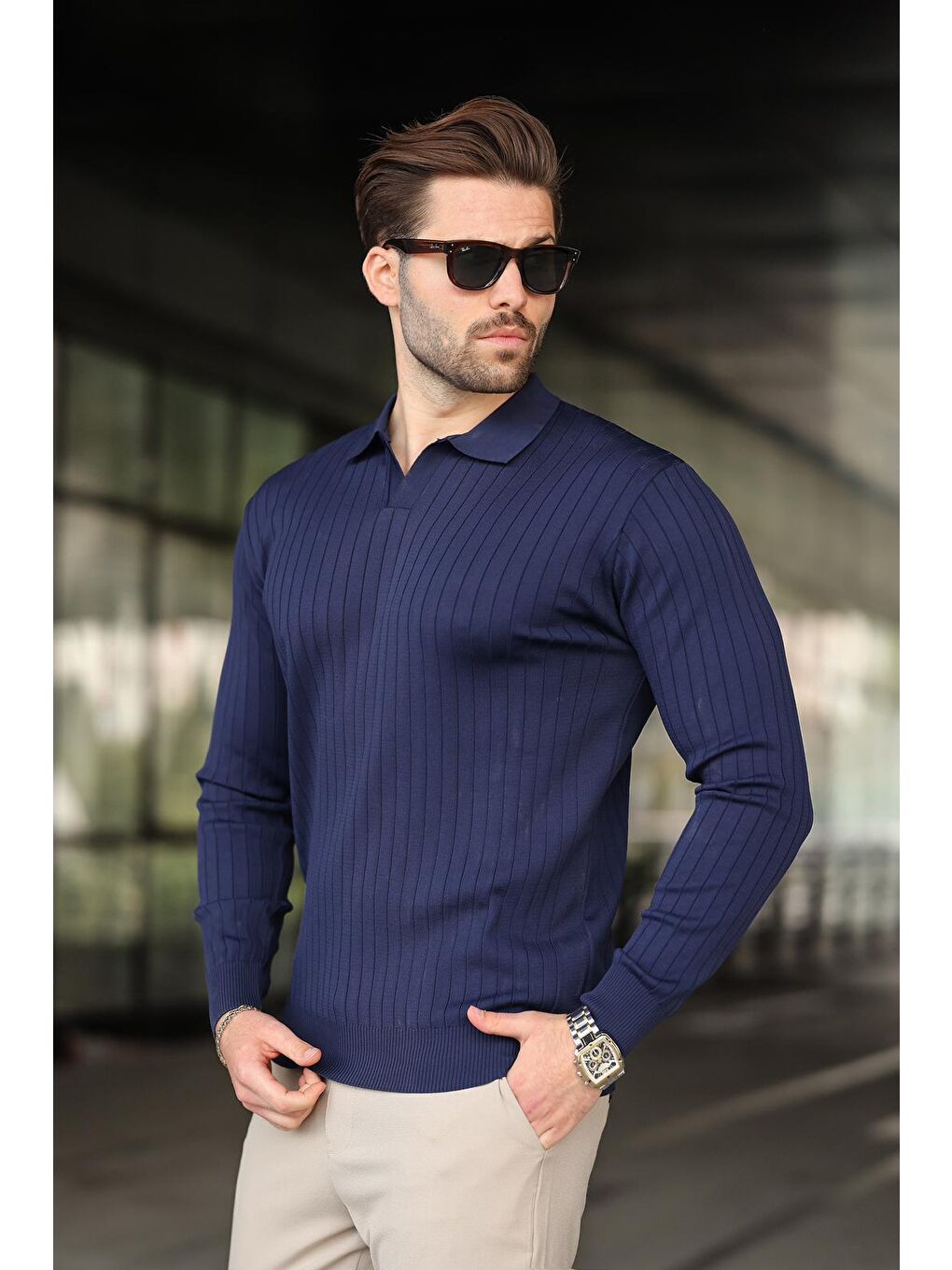 Lacivert Polo Yaka Çizgili Uzun Kollu Kazak 7239-2