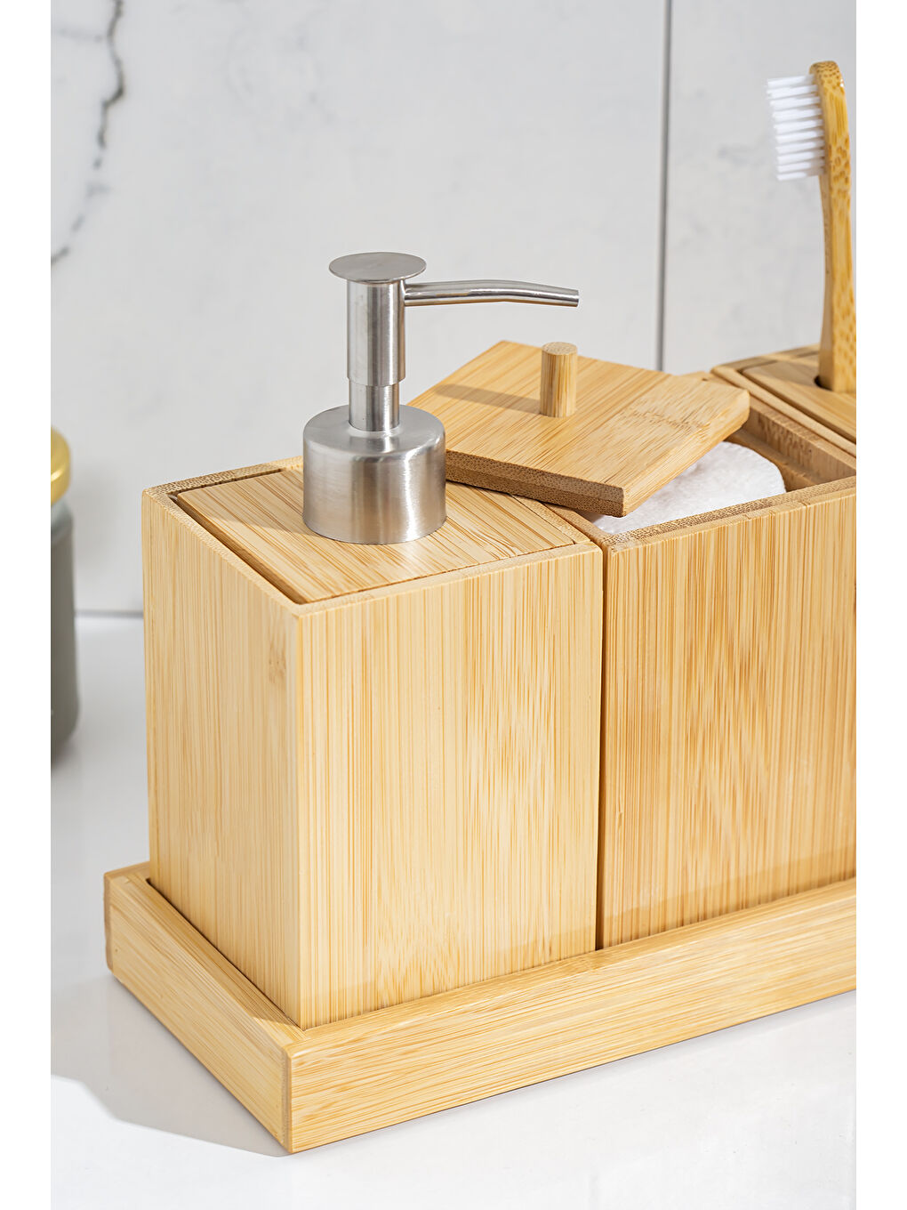 Kahverengi 76144 Standlı 3'lü Bambu Banyo Seti-3