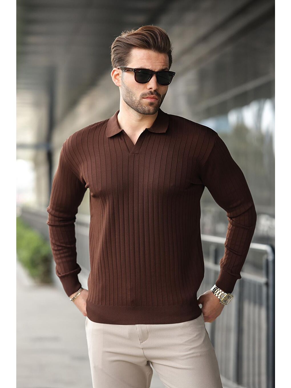 Kahverengi Polo Yaka Çizgili Uzun Kollu Kazak 7239-1