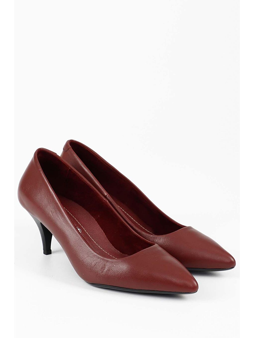 Bordo Hakiki Deri Sivri Burun İnce Orta Topuklu Stiletto Kadın Ayakkabı 24236-3