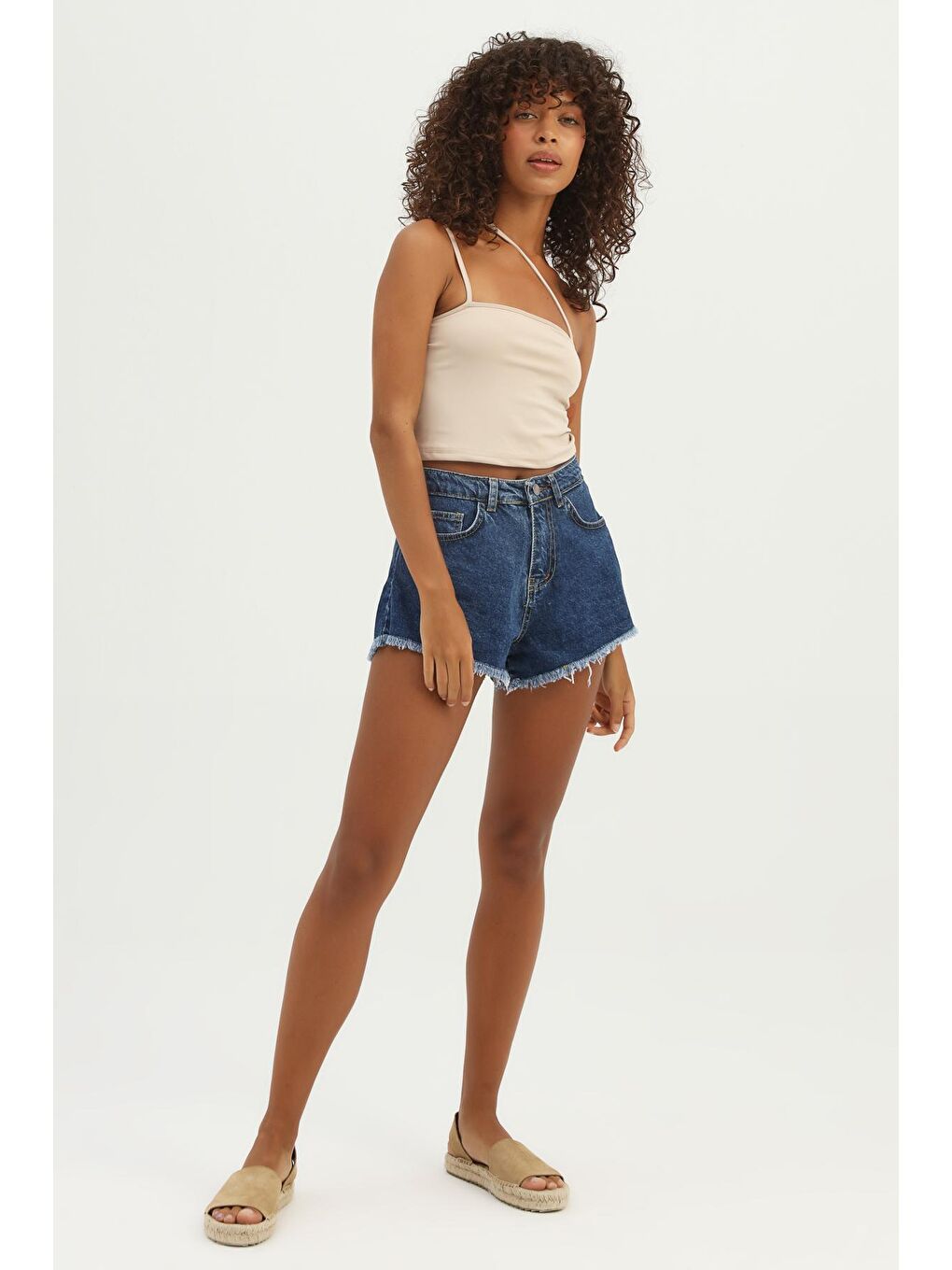 Paçaları Püsküllü Jean Şort Mavi-1