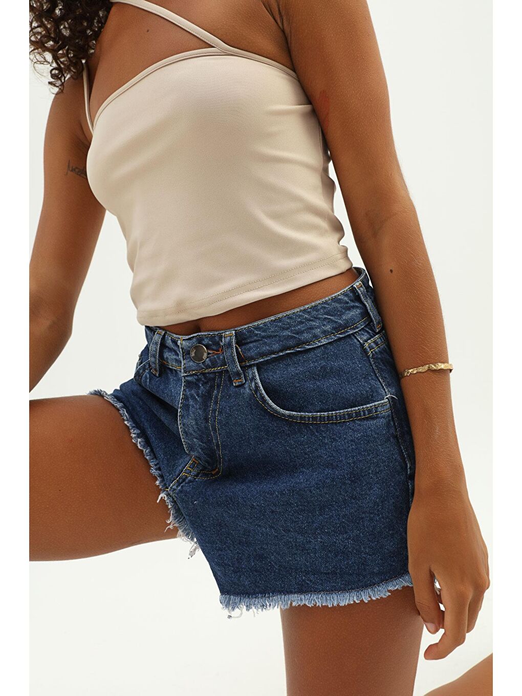 Paçaları Püsküllü Jean Şort Mavi-3