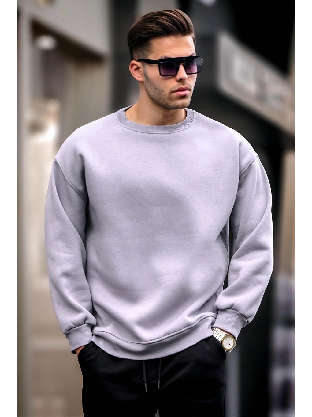 Madmext Gri Baskılı Boyalı Gri Bisiklet Yaka Oversize Şardonlu Basic Erkek Sweatshirt 6048