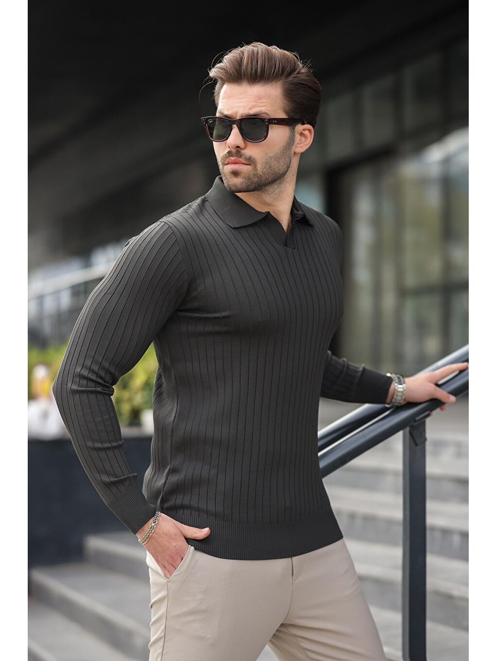 Antrasit Polo Yaka Çizgili Uzun Kollu Kazak 7239-3