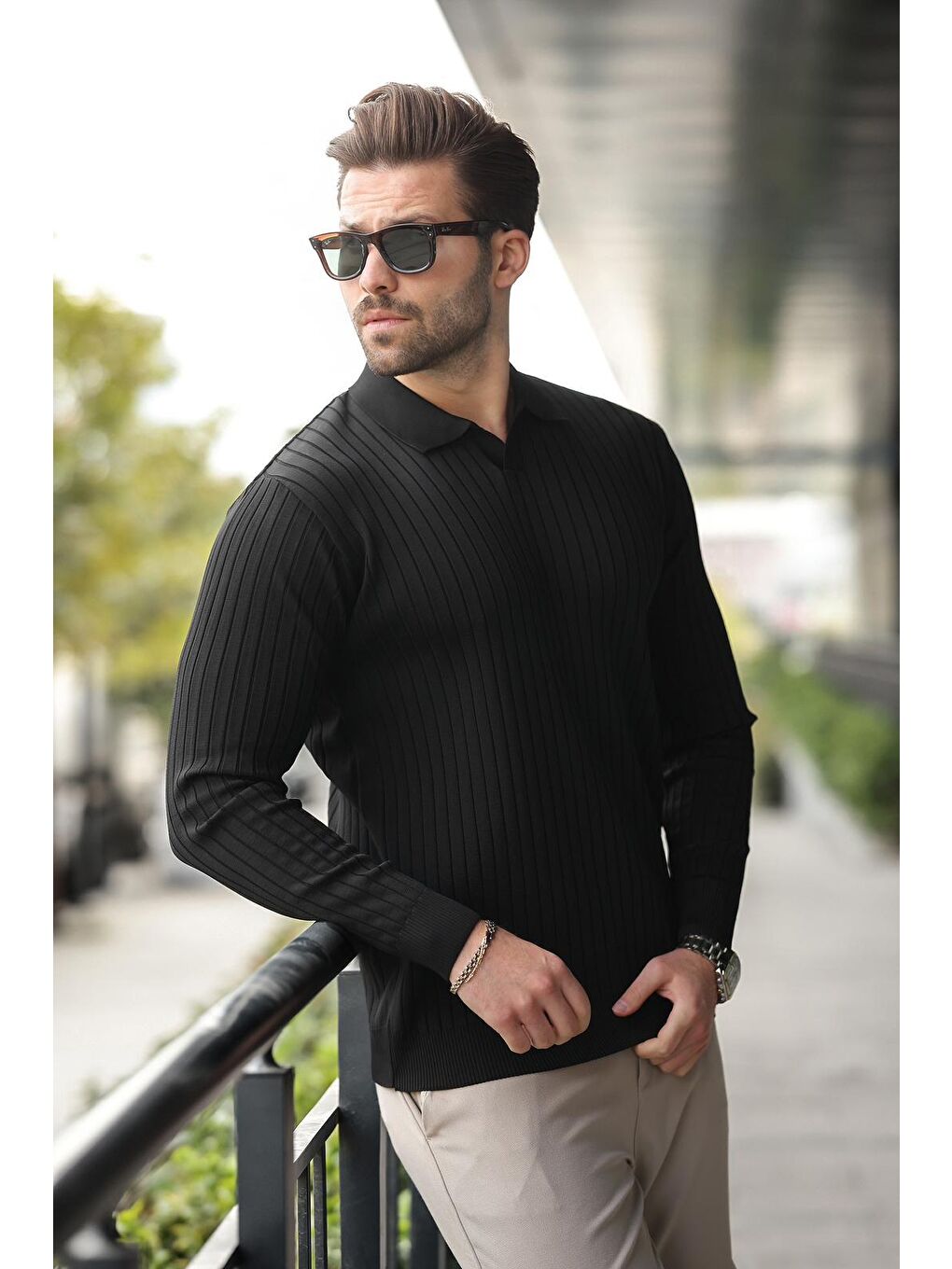 Siyah Polo Yaka Çizgili Uzun Kollu Kazak 7239-1