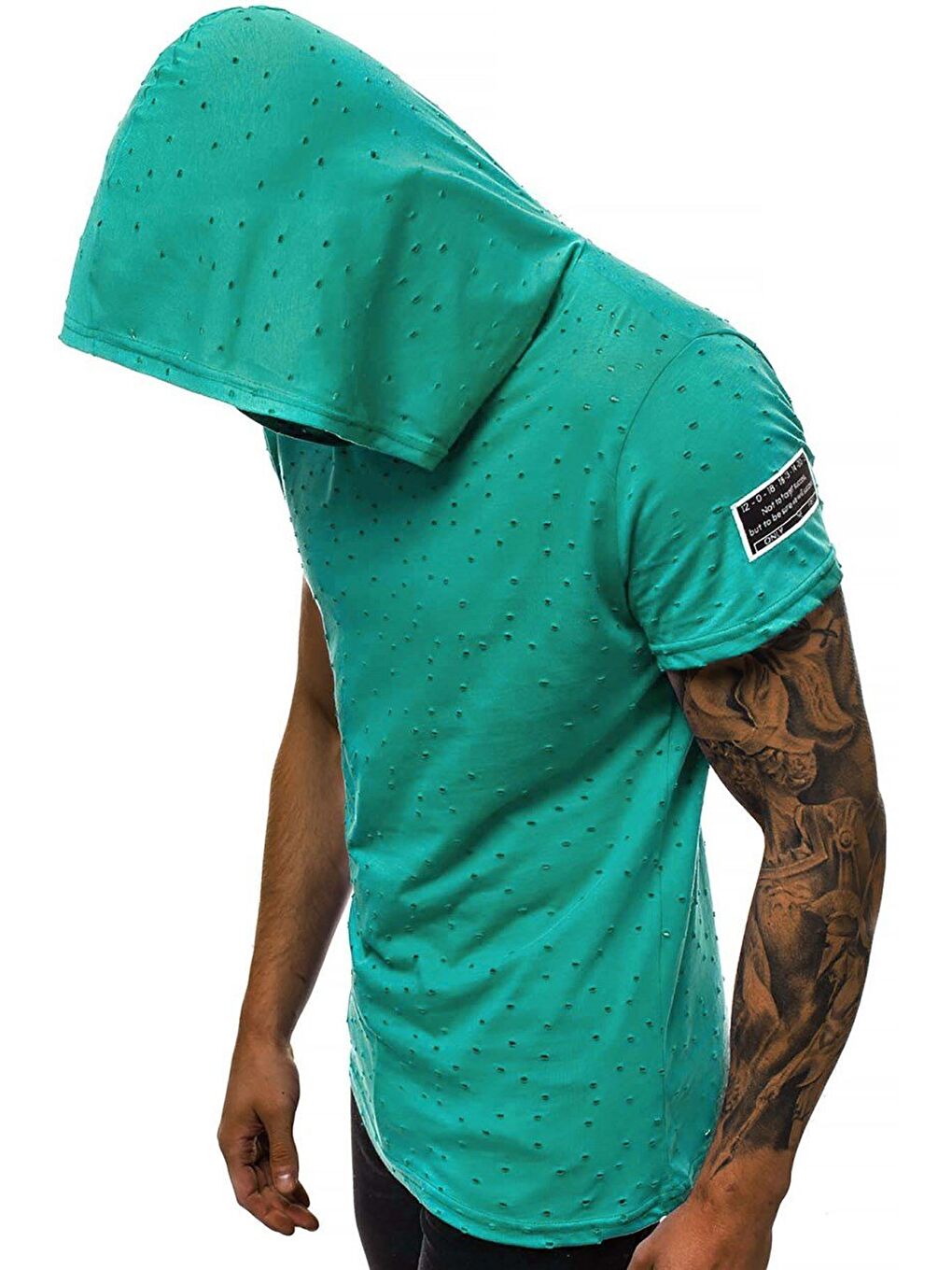 Yırtık Detaylı Yeşil Kapüşonlu %100 Pamuk Tişört 3069