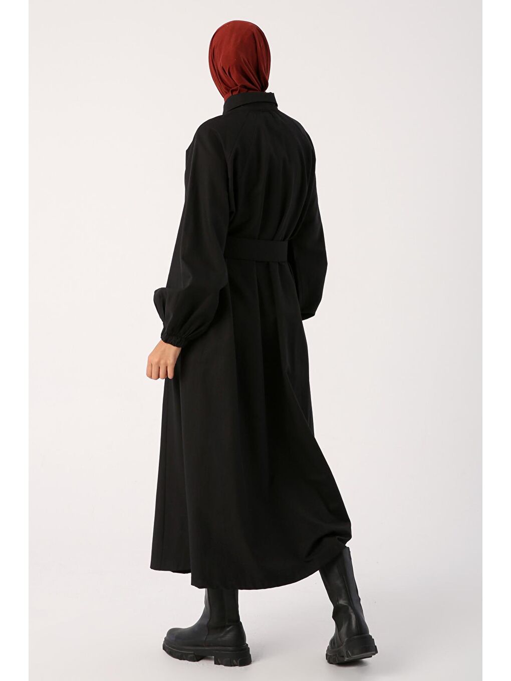 Siyah Kemerli Gömlek Yaka Elbise-3