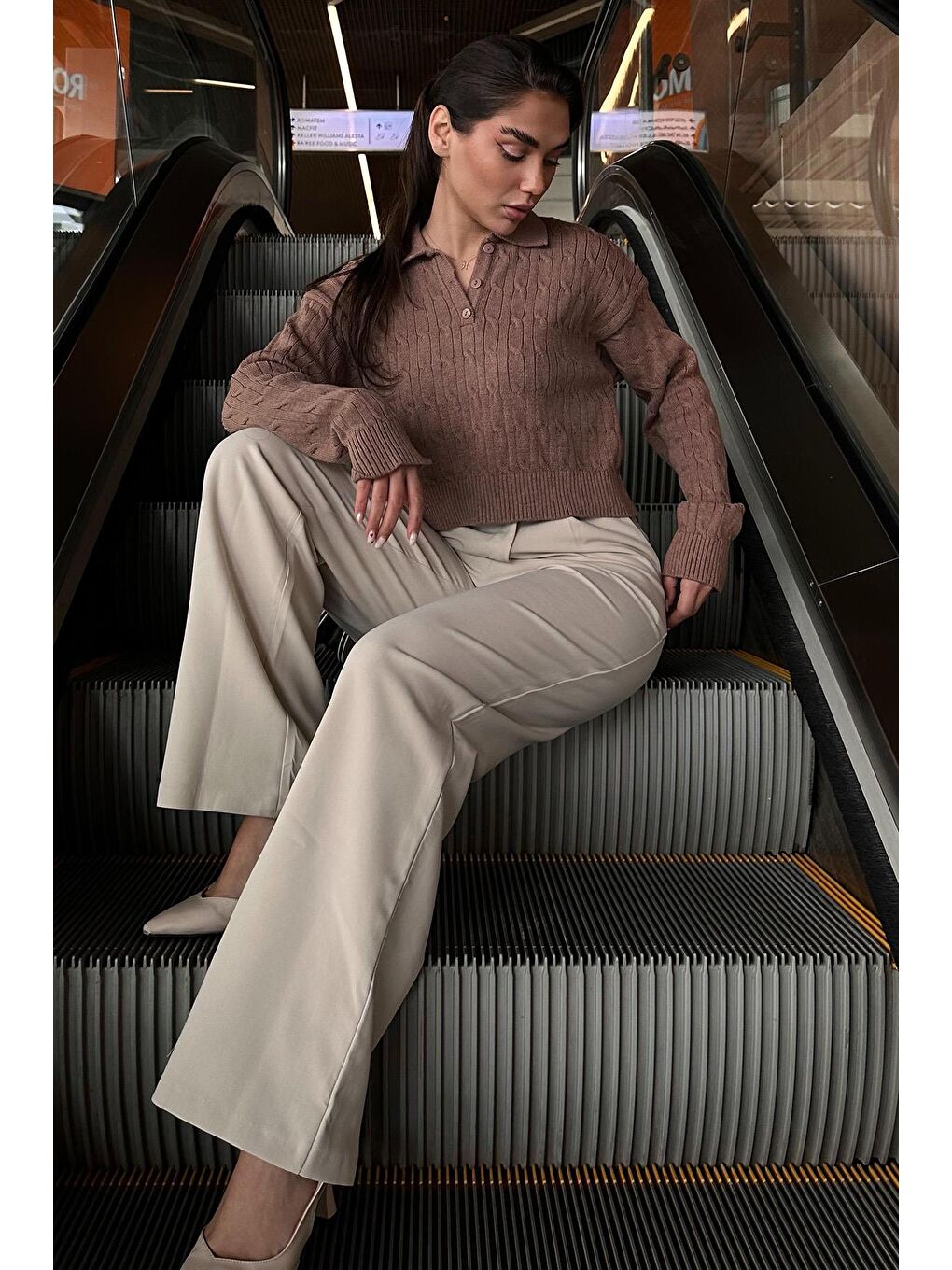 Bej Vizon Saç Örgülü Polo Yaka Kadın Kazak Mg2310-3