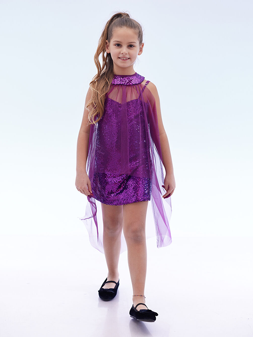 Mor Kız Çocuk Pullu Pelerinli Trend Abiye Elbise AK2244