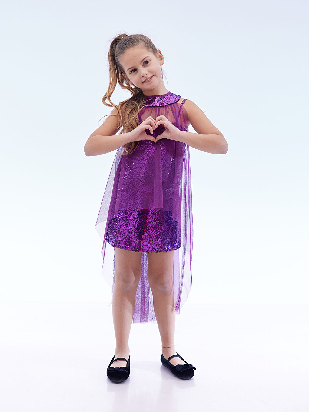 Mor Kız Çocuk Pullu Pelerinli Trend Abiye Elbise AK2244-1