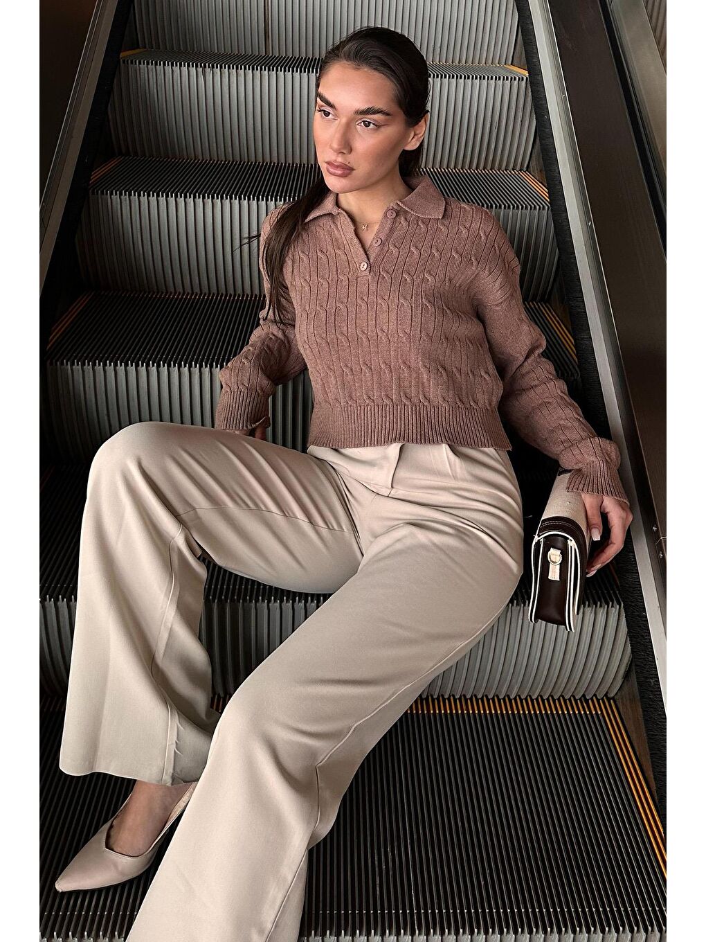 Bej Vizon Saç Örgülü Polo Yaka Kadın Kazak Mg2310-7