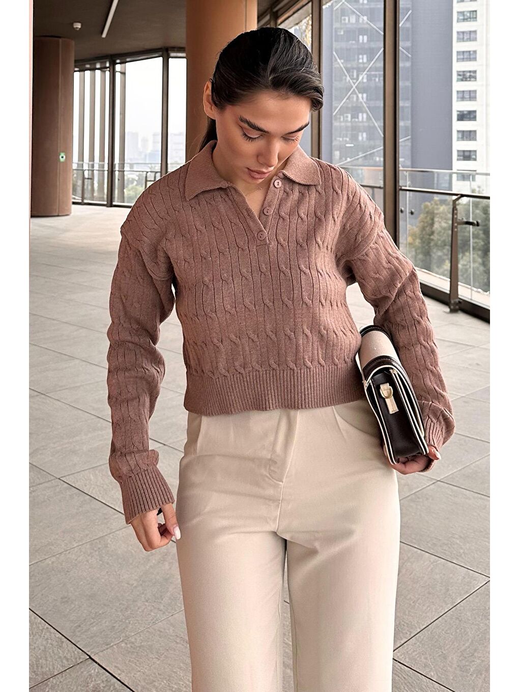 Bej Vizon Saç Örgülü Polo Yaka Kadın Kazak Mg2310-9