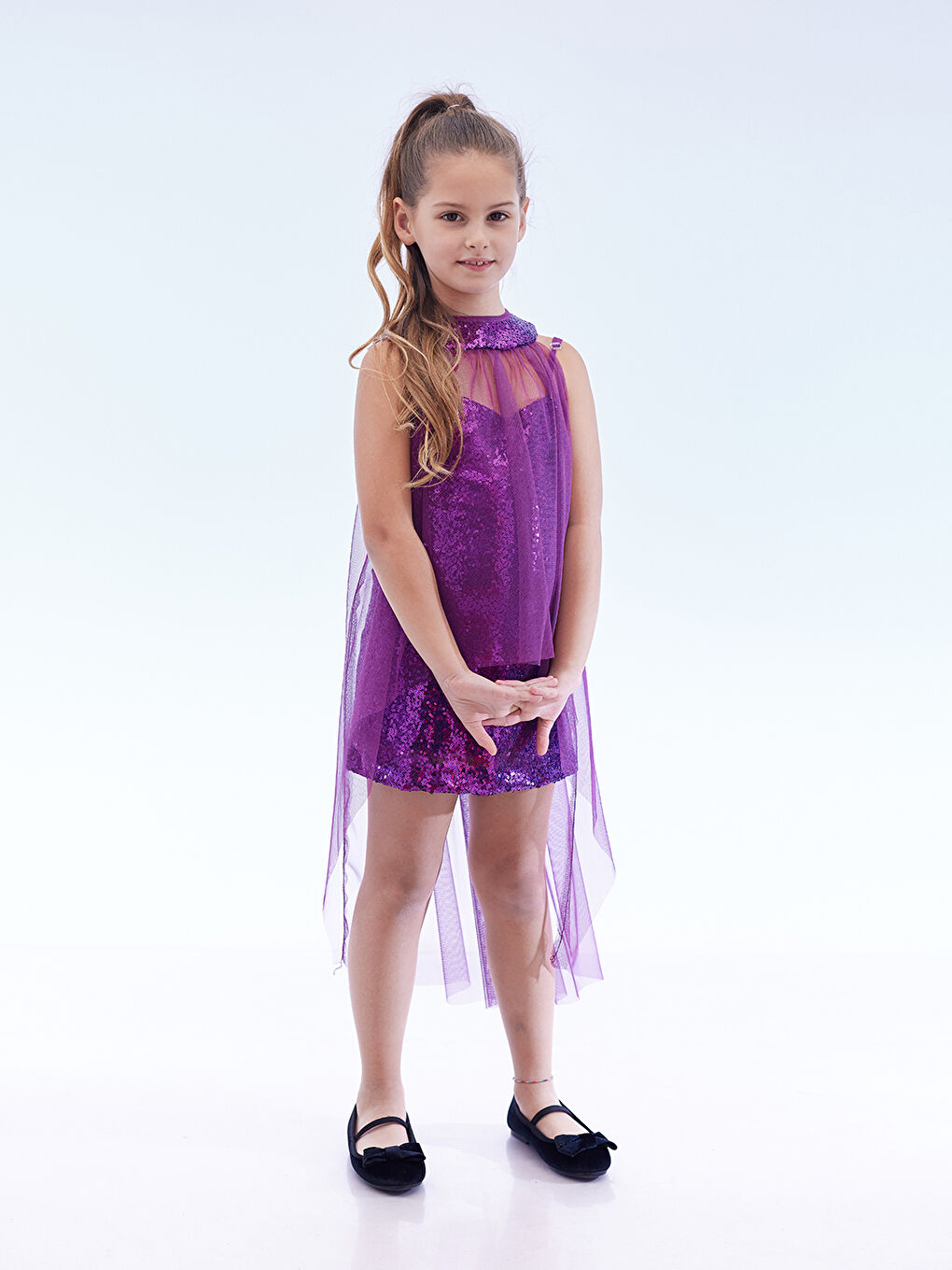 Mor Kız Çocuk Pullu Pelerinli Trend Abiye Elbise AK2244-2