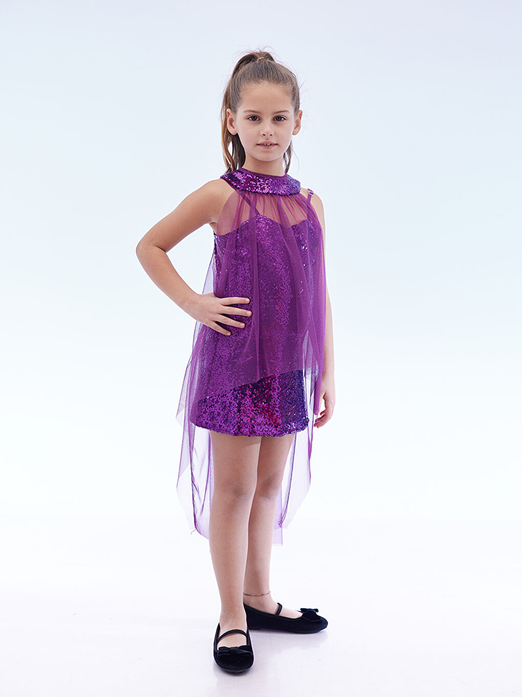 Mor Kız Çocuk Pullu Pelerinli Trend Abiye Elbise AK2244-3