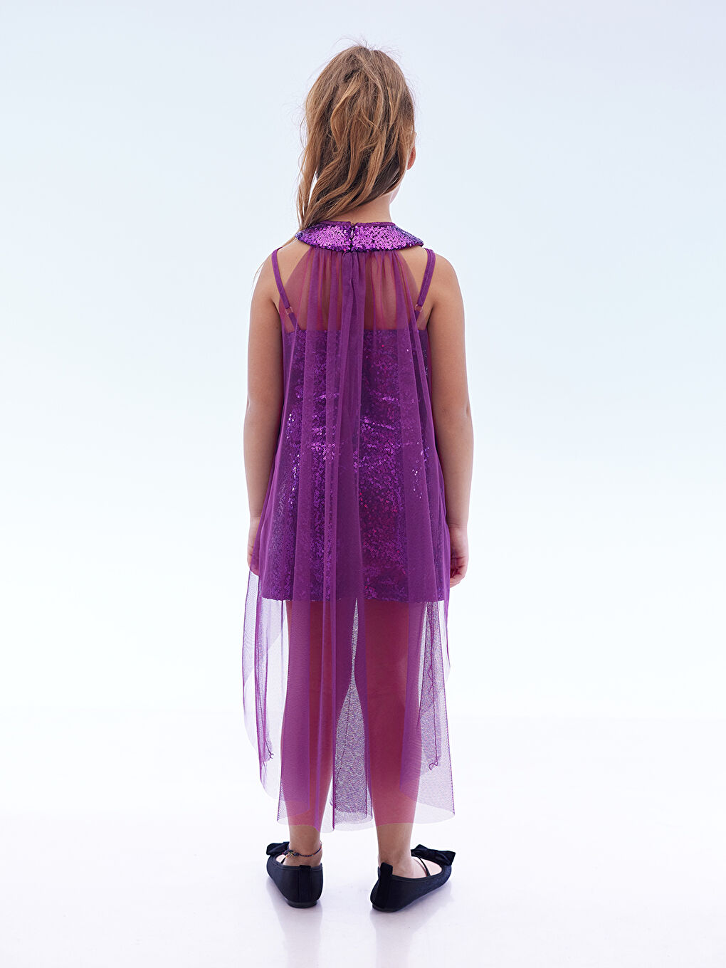 Mor Kız Çocuk Pullu Pelerinli Trend Abiye Elbise AK2244-4