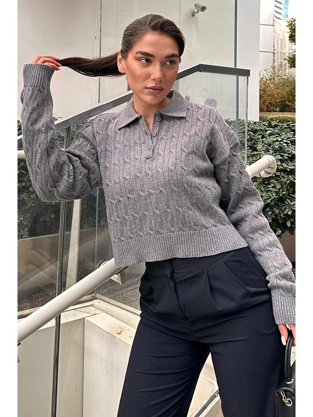 Antrasit Saç Örgülü Polo Yaka Kadın Kazak Mg2310