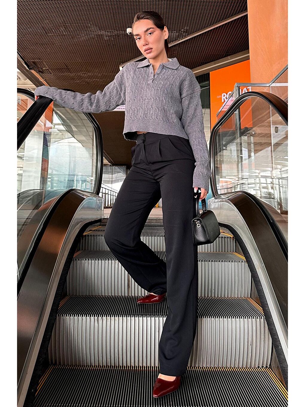 Antrasit Saç Örgülü Polo Yaka Kadın Kazak Mg2310-3