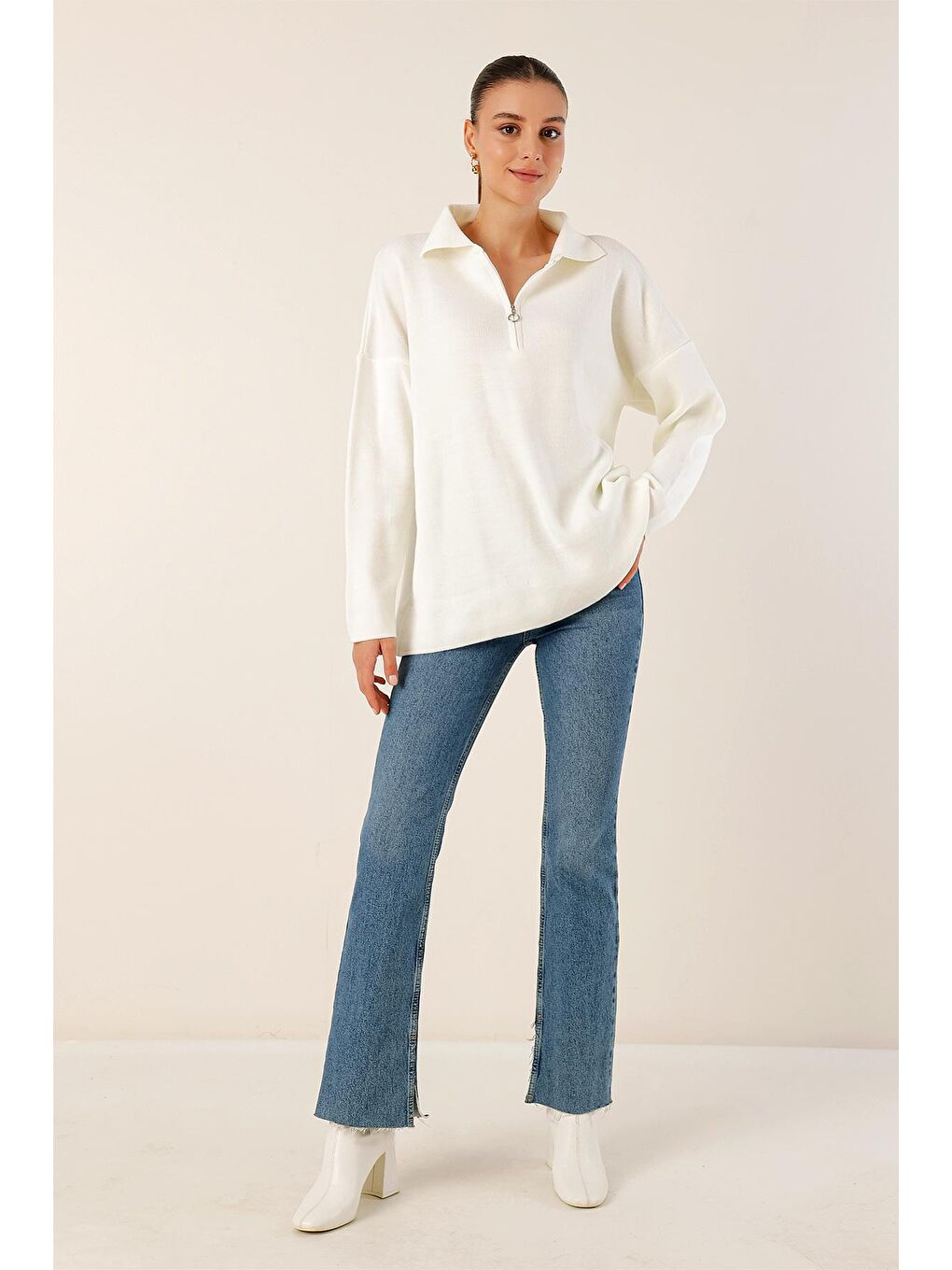 4512  Çizgili Oversize Kazak - Beyaz-1