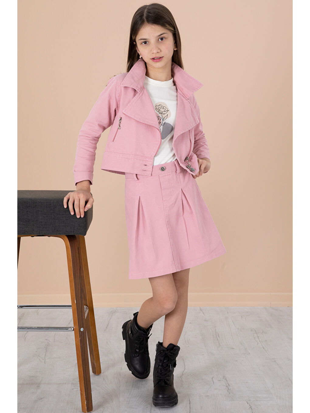 Pembe Yan Fermuarlı Jean Ceketli 3lü Etekli Kız Çocuk Takım 20199