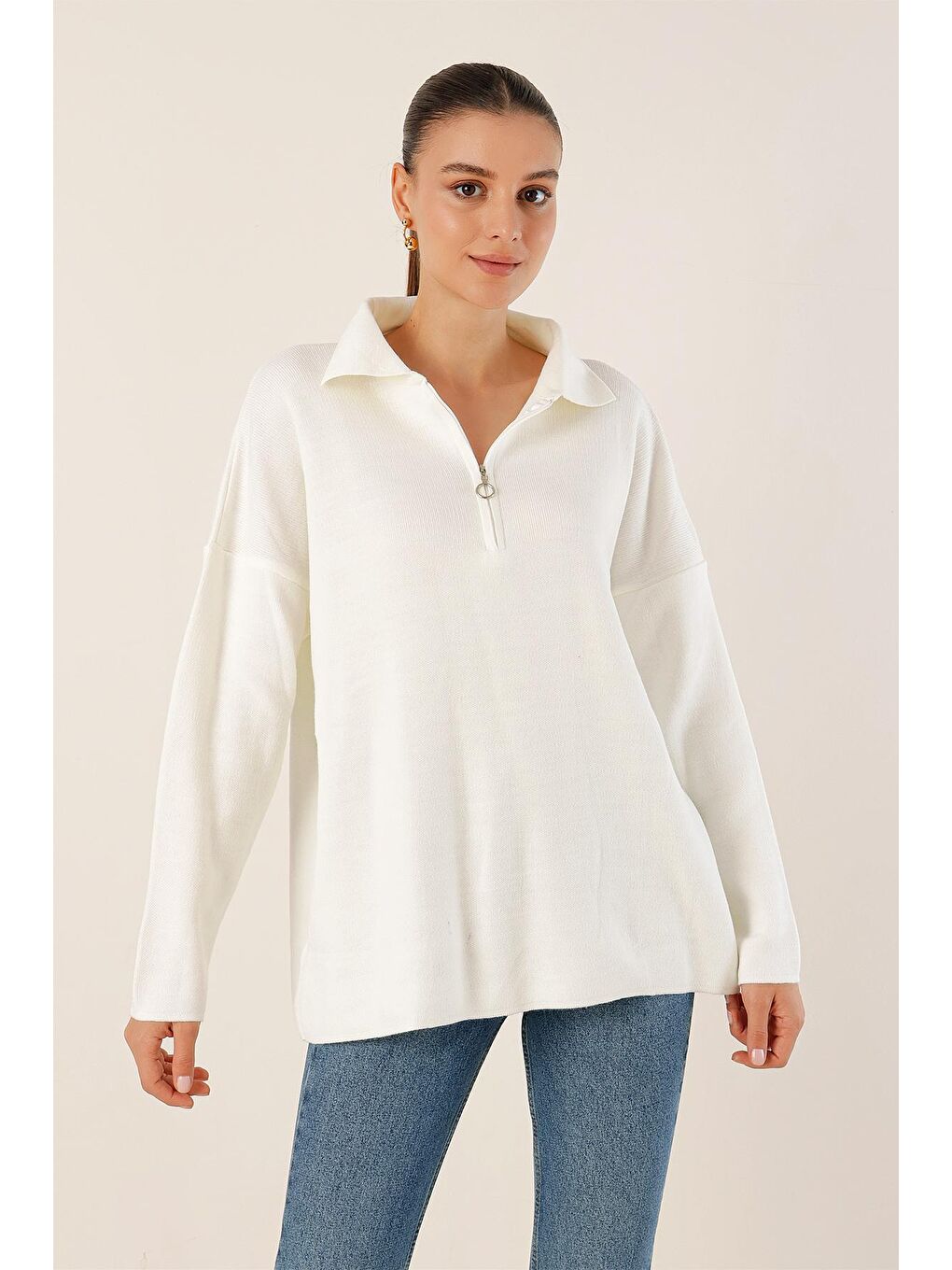 4512  Çizgili Oversize Kazak - Beyaz-2